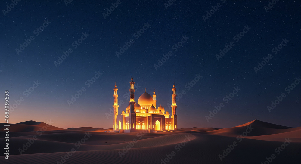 Naklejka premium Majestic mosque glowing beautifully under starry desert night sky with warm golden illumination and Islamic architecture details.