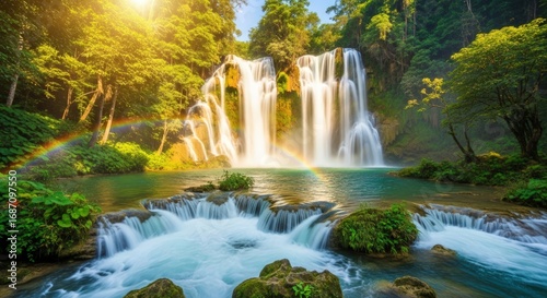 A scenic waterfall cascading into a turquoise pool with lush greenery and a vibrant rainbow in sunlight