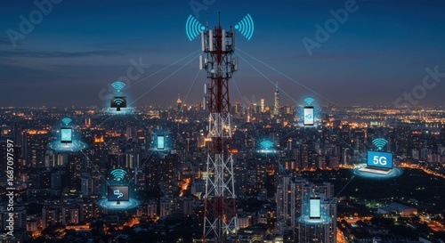 Cell tower with network devices for wireless communication in city