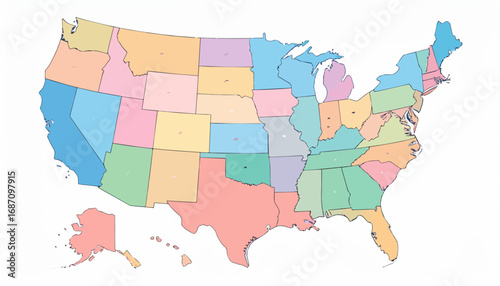 Vector map of USA with separated states in modern pastel color palette. Great for infographic, data visualization, education, and business presentations.