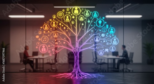 Networking concept tree with people icons in modern office