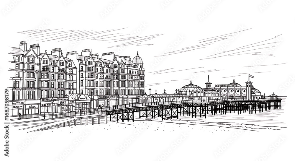 Fototapeta premium Sketch of the Brighton Palace Pier in Brighton, England. A detailed hand-drawn black and white illustration of the famous Victorian pier.