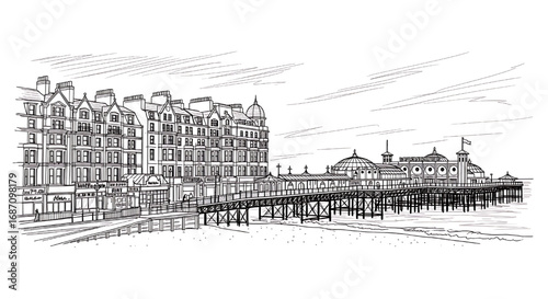 Sketch of the Brighton Palace Pier in Brighton, England. A detailed hand-drawn black and white illustration of the famous Victorian pier.