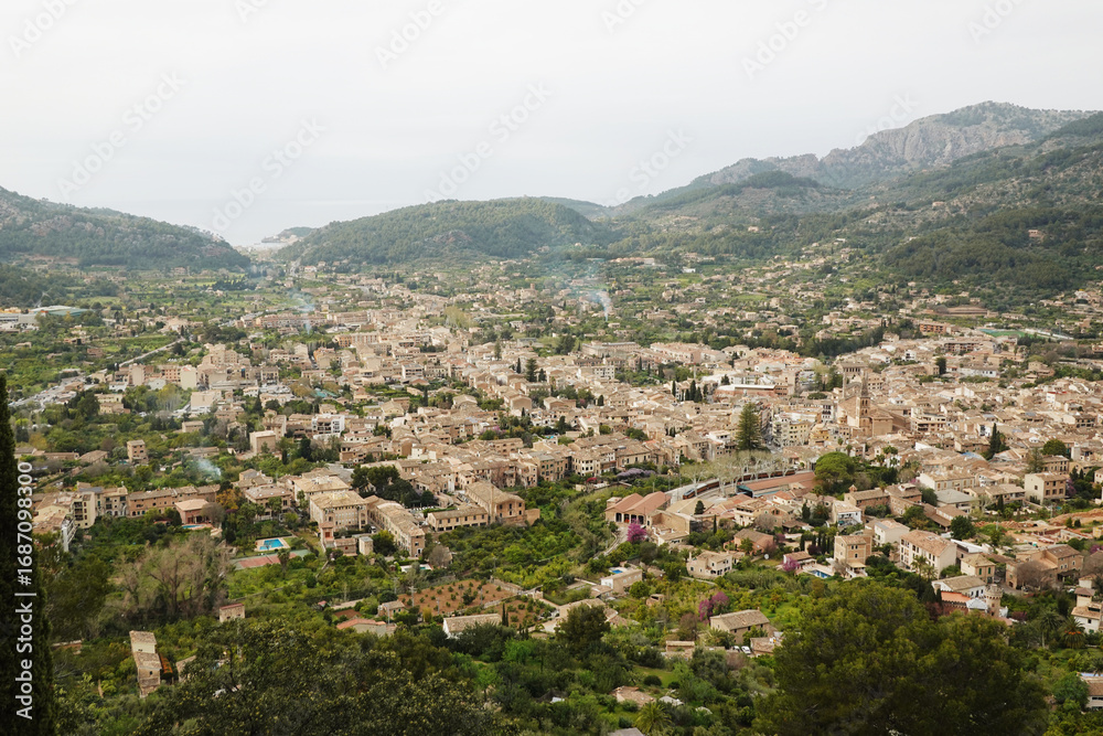 Fototapeta premium The panorama of Soller from Ses Tres Creus, Mallorca, Spain
