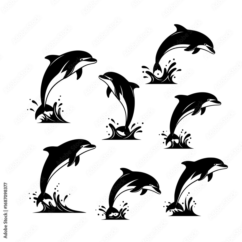 Naklejka premium Dolphin jumping silhouette, black and white vector, minimal, isolated.
