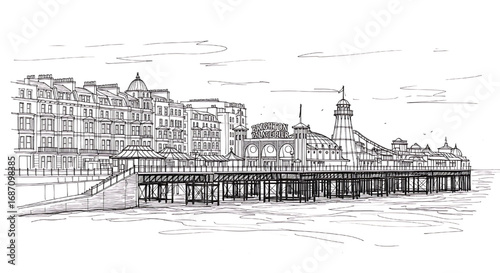 Sketch of the Brighton Palace Pier in Brighton, England. A detailed hand-drawn black and white illustration of the famous Victorian pier.