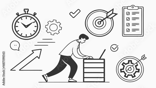 Man working hard on laptop with business success symbols around him.