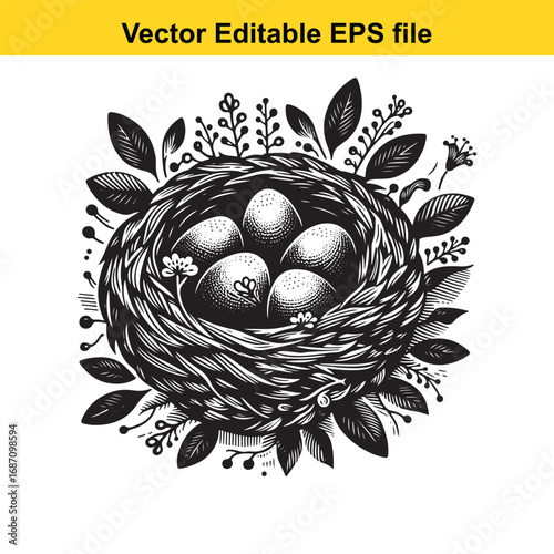Bird nest with eggs and leaves, isolated on white background