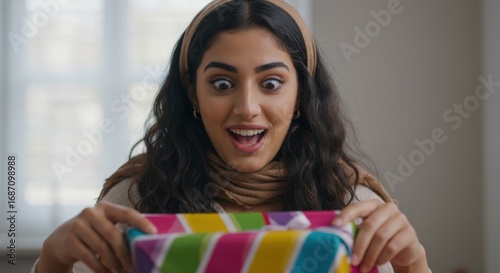 Excited woman opening colorful gift box