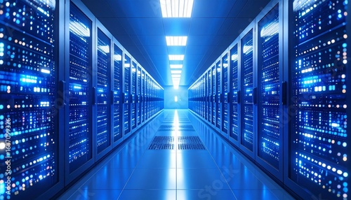 Data center corridor illuminated with blue light showing rows of servers providing cloud computing and information technology solutions for modern business operations.