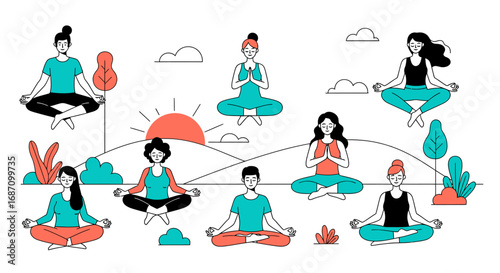Diverse group performing serene meditation in outdoor cartoon illustration