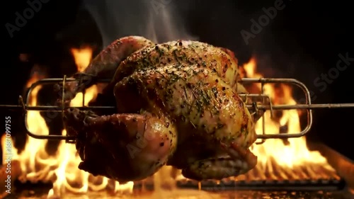 A whole roasted chicken rotating on a spit over an open flame, with smoke rising and flames licking the sides, creating a mouthwatering presentation