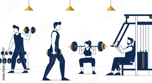 Diverse fitness enthusiasts engaging in various strength training exercises