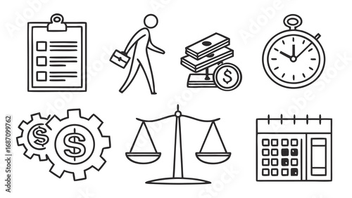 Business and Finance Icons - Planning, Time, Money, and Balance.