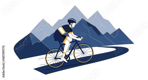 Minimalist depiction of cyclist climbing mountain road with geometric mountains