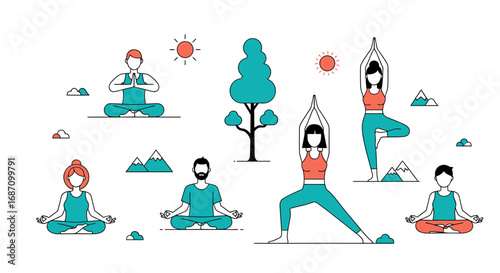 Diverse individuals practicing various yoga poses in a serene outdoor setting