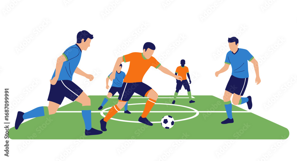 Fototapeta premium Dynamic vector illustration depicting energetic soccer match play on a green