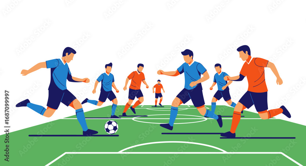 Fototapeta premium Dynamic vector depiction of soccer players competing on the verdant field turf