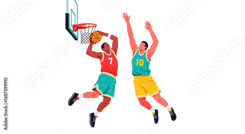 Dynamic basketball duel in mid-air, capturing the energy of sportsmanship and
