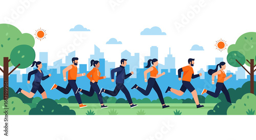 Diverse group engaging in outdoor running, promoting wellness in urban scenery