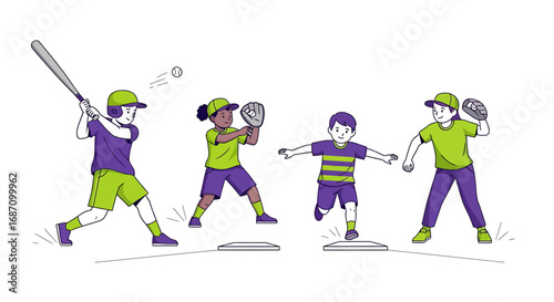 Energetic youth baseball team practicing with bat, ball, and gloves in harmony