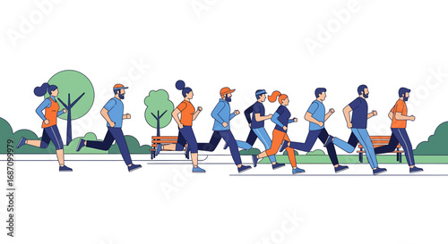 Diverse group of people running together in a park doing exercise for fitness