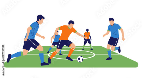 Dynamic vector illustration depicting energetic soccer match play on a green
