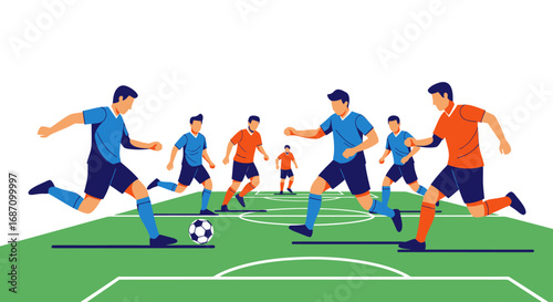 Dynamic vector depiction of soccer players competing on the verdant field turf