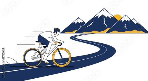 Cyclist speed toward mountainscape, road biking challenge for endurance sport