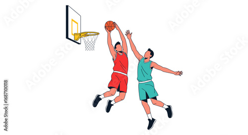 Dynamic basketball action illustration featuring players leaping for a shot