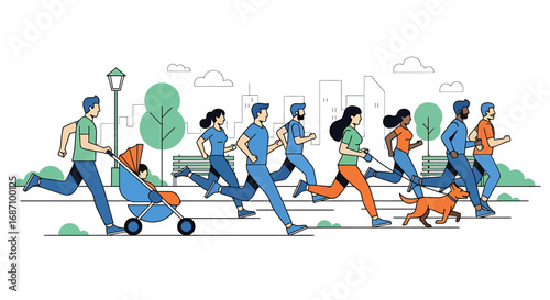 Active community engaging in an outdoor marathon, exercising and improving