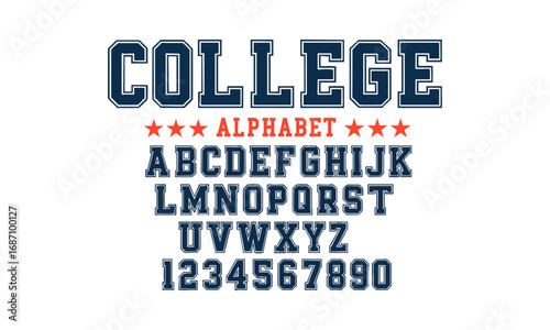 College Alphabet Typeface Vector Pack Bold Varsity Sports Block Letters A–Z and Numbers 0–9, Vintage sport font in American style for football, baseball or basketball logos and t-shirt, easily editabl