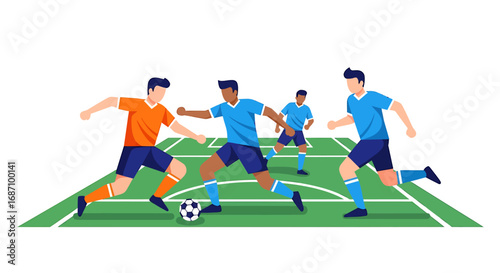 Dynamic illustration of a soccer match between players from different teams