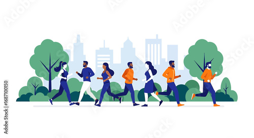 Diverse group jogging together in urban park setting for healthy lifestyle
