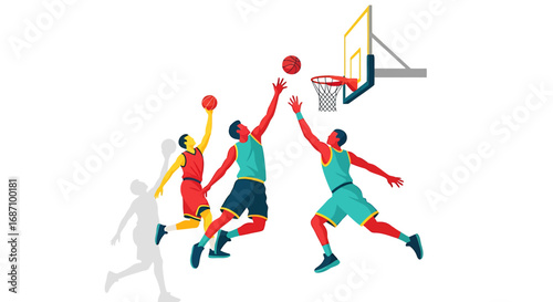 Dynamic basketball scene showcasing athletes in mid-air action game on court