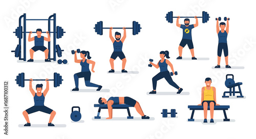 Diverse individuals engage in various weightlifting exercises at the gymnasium