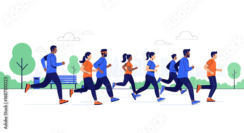 Diverse group enjoying energetic run together in outdoor park setting