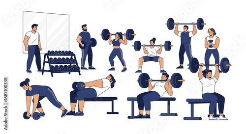 Vector illustration displaying a group of people lifting weights in a gymnasium