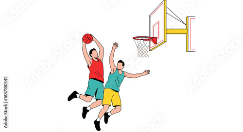 Dynamic basketball action featuring a player attempting to dunk over defender