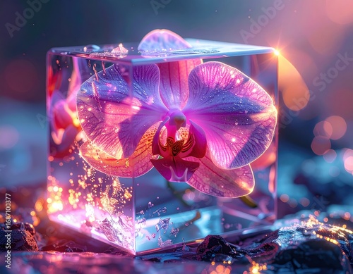 Beautiful orchid trapped in sparkling crystal.