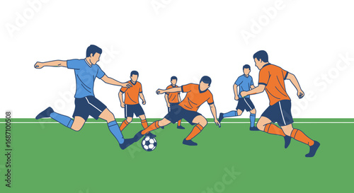 Dynamic soccer game depiction with players in action on green football field