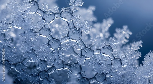 Delicate hexagonal ice crystals form a complex molecular lattice structure in a macro view.