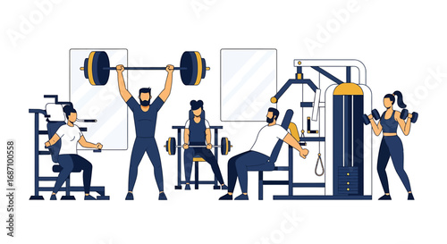 Diverse fitness enthusiasts engaged in active strength training at the gym