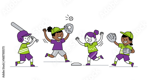 Animated girls playing softball or baseball depicting team dynamics and