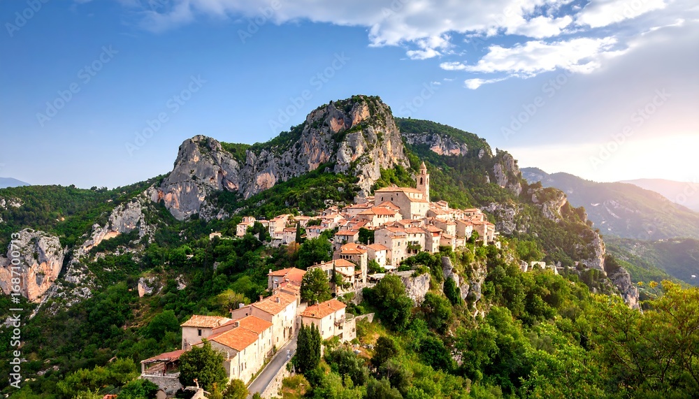 Fototapeta premium Picturesque mountaintop village at sunrise