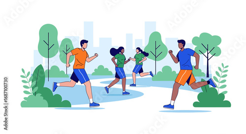Invigorating morning run: Group of diverse individuals exercising in nature