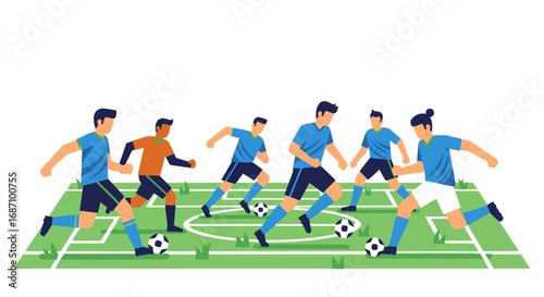Dynamic soccer action unfolds with stylized players on a vibrant green field