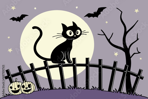 Black Cat on Fence Halloween Night Vector Illustration