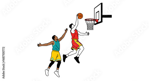 Dynamic basketball action showcases athleticism and competitive play on court