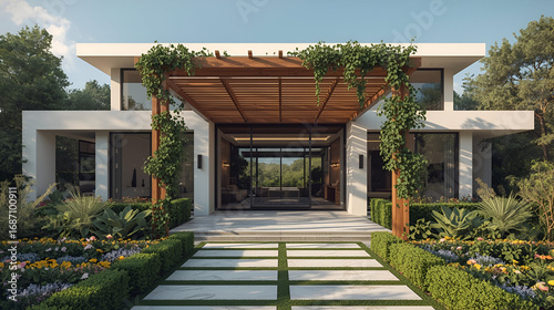 Luxurious modern house entrance with wooden pergola and landscaped garden in ultra realistic design
